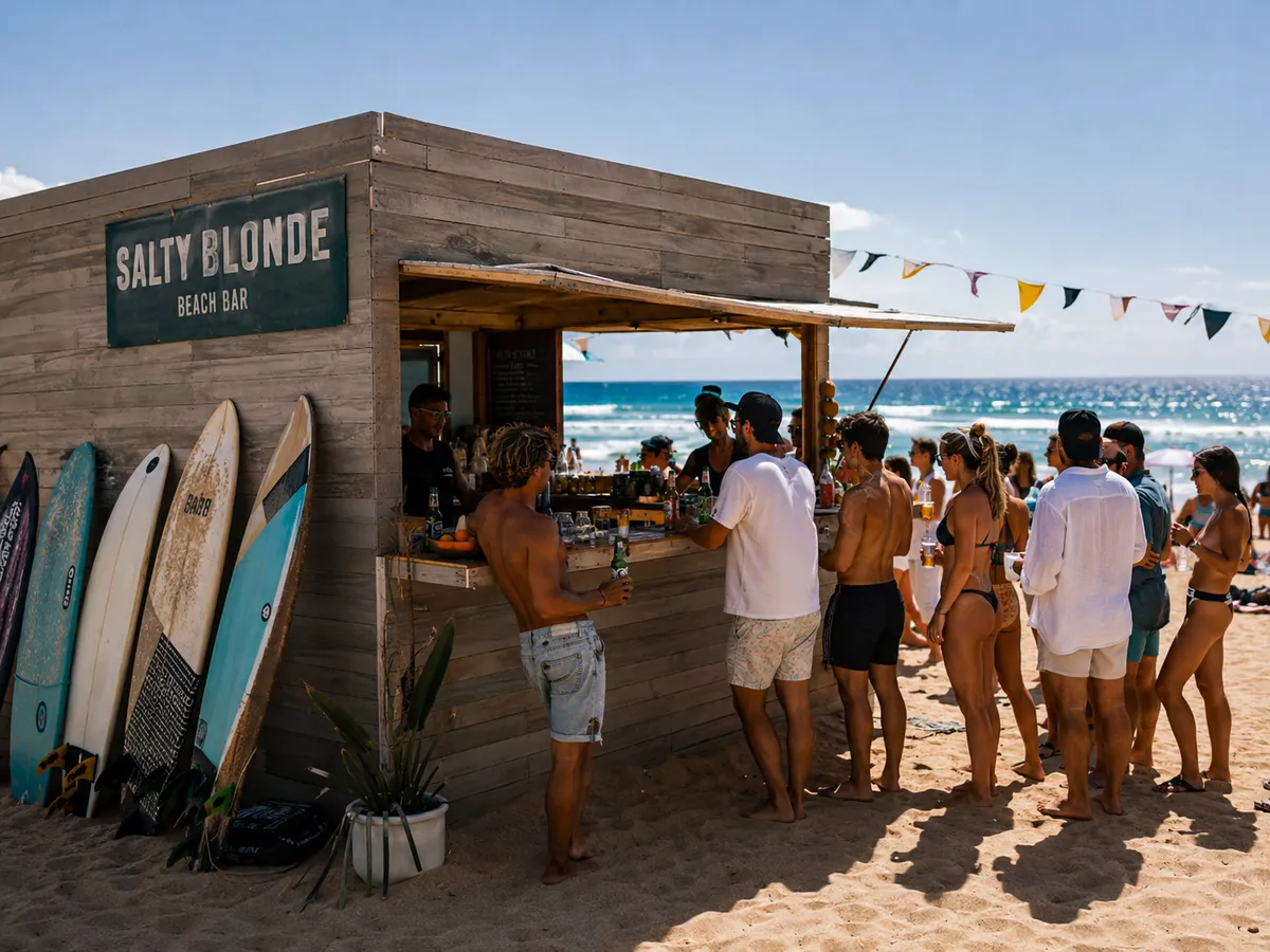 Beach bar structure with rustic timber cladding on the sand