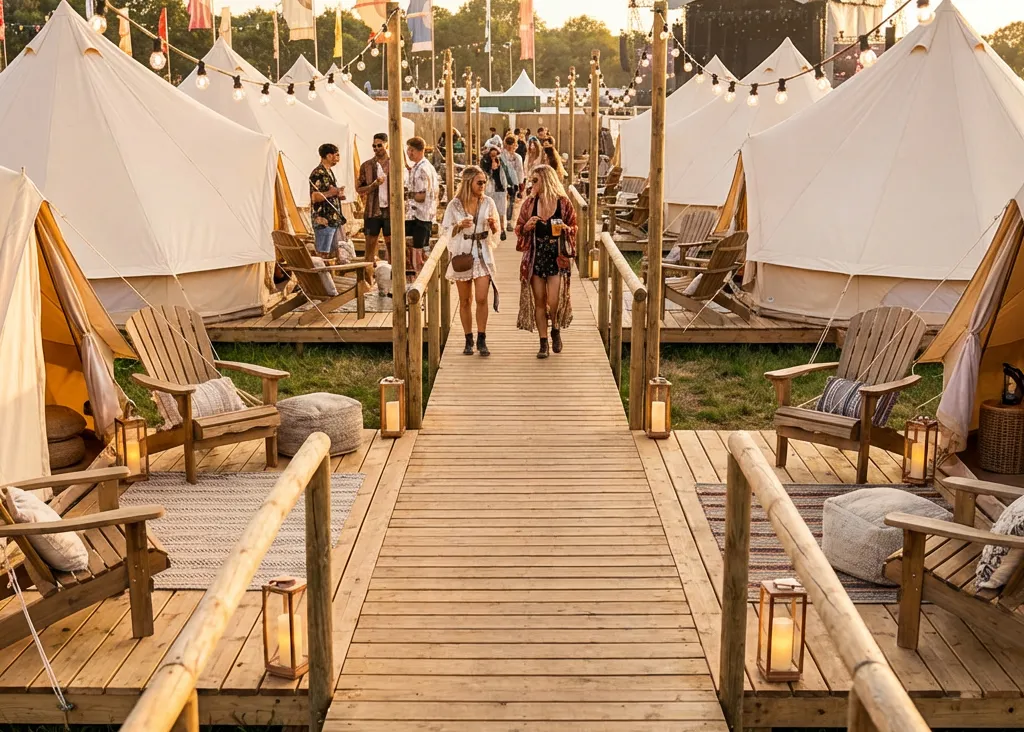 Wooden decking walkway leading between luxury bell tents with seating and festoon lighting at a festival