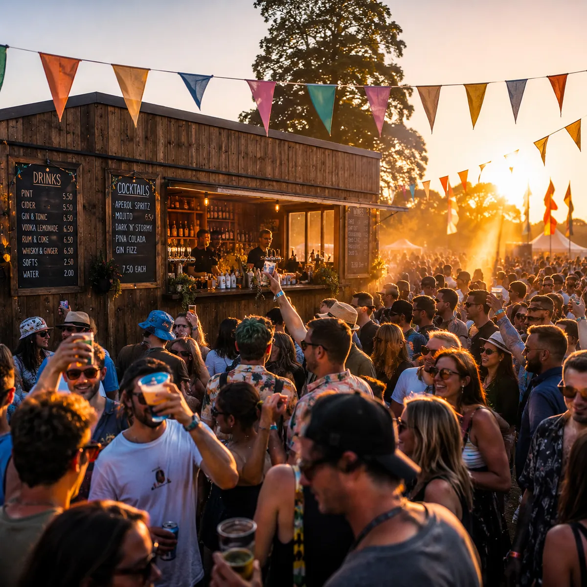 Festival bar inside a timber-clad rustic structure