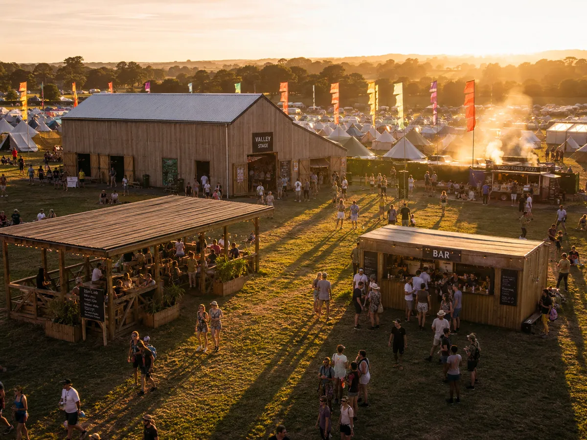 Site-wide view of rustic event structures at a festival