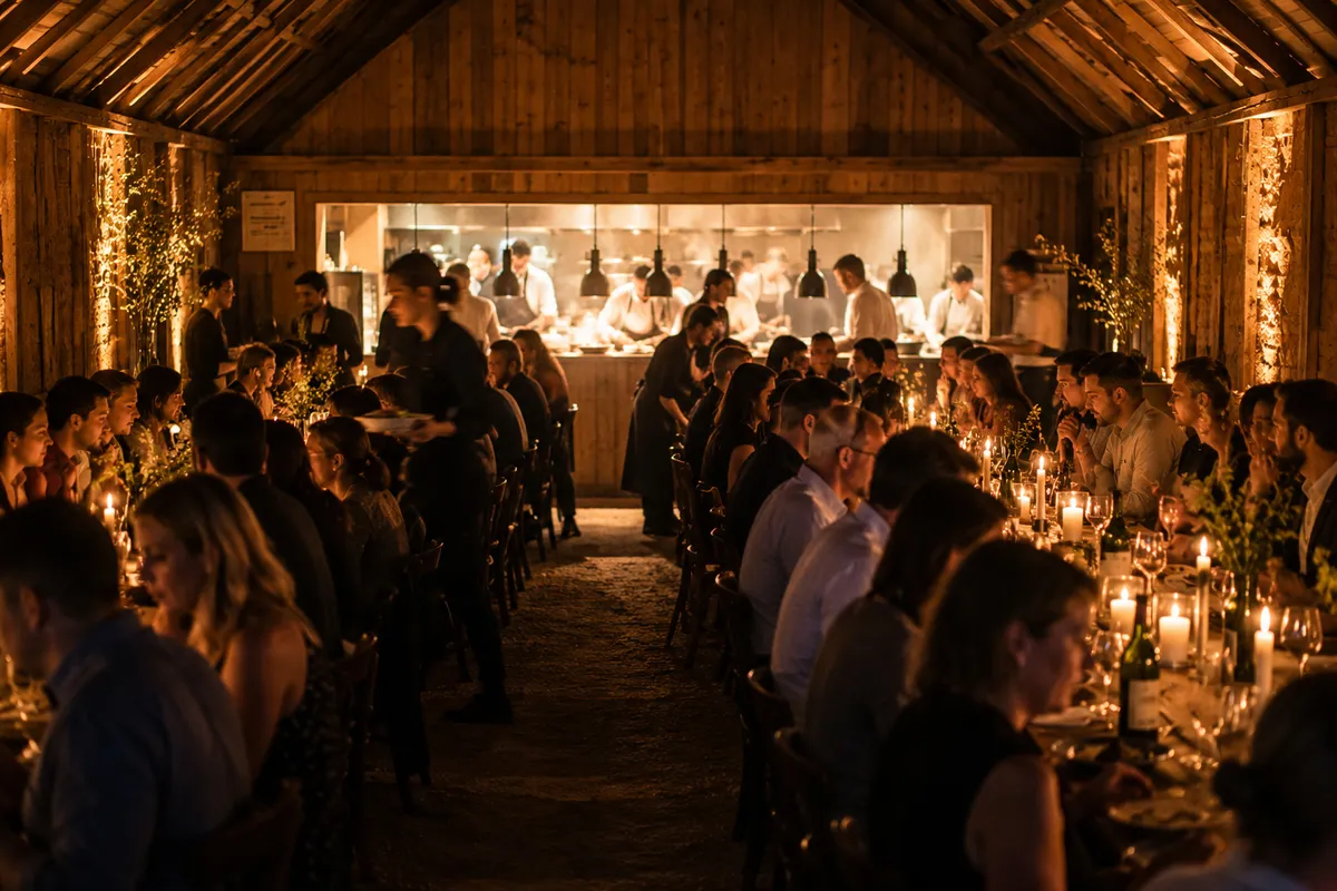 Pop-up restaurant interior inside a rustic clad structure