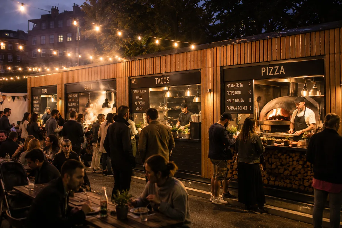 Street food serving units with rustic timber fronts