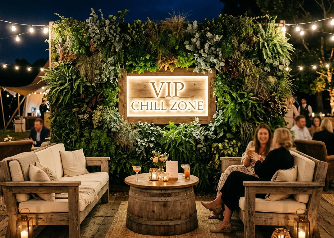 Outdoor living wall with a backlit “VIP Chill Zone” sign, surrounded by rustic seating and festoon lighting at an evening event