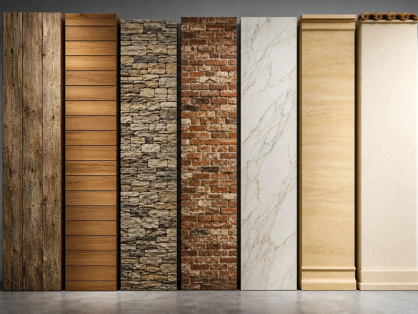 Close-up of timber, stone and render finish options