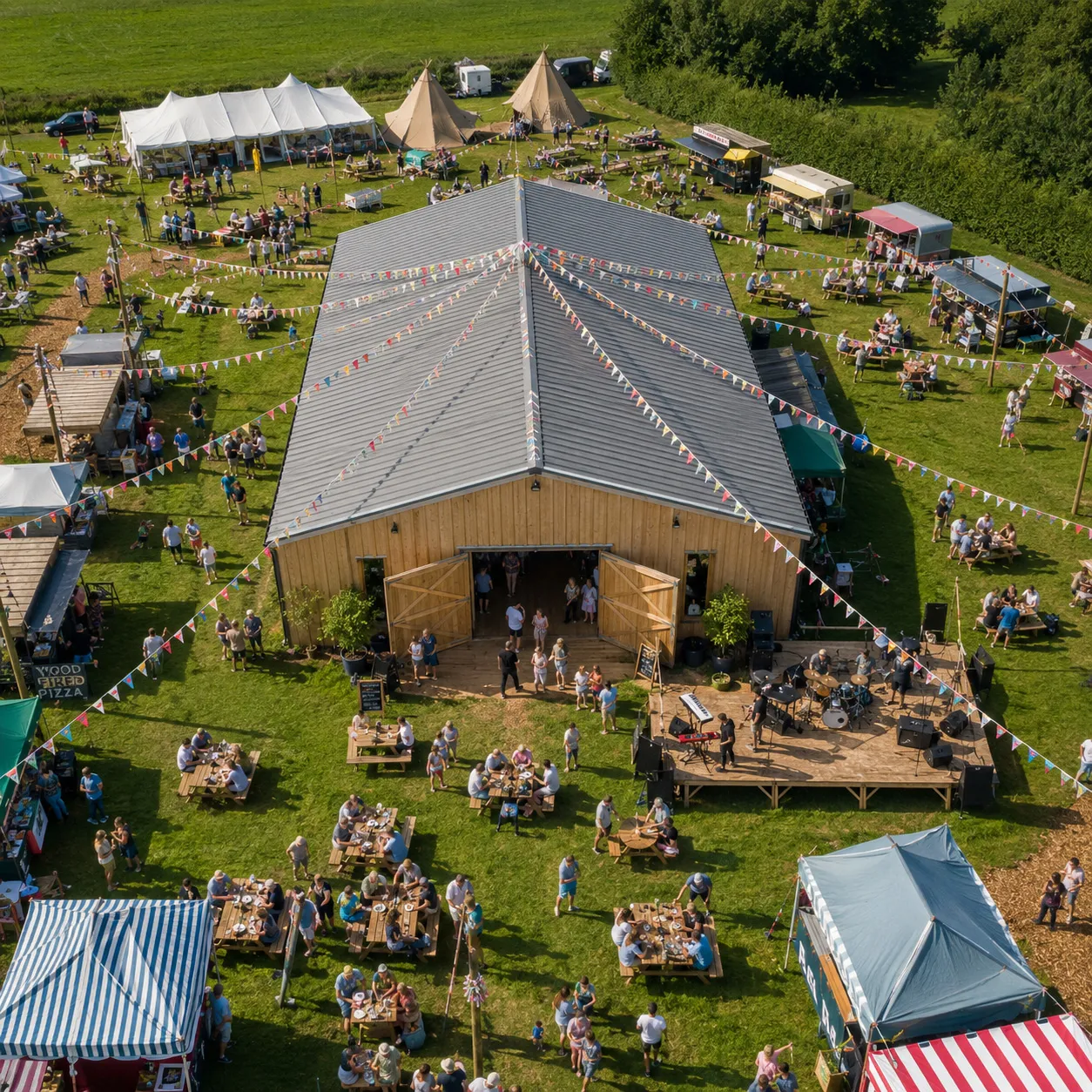 Live music festival event inside a modular barn structure
