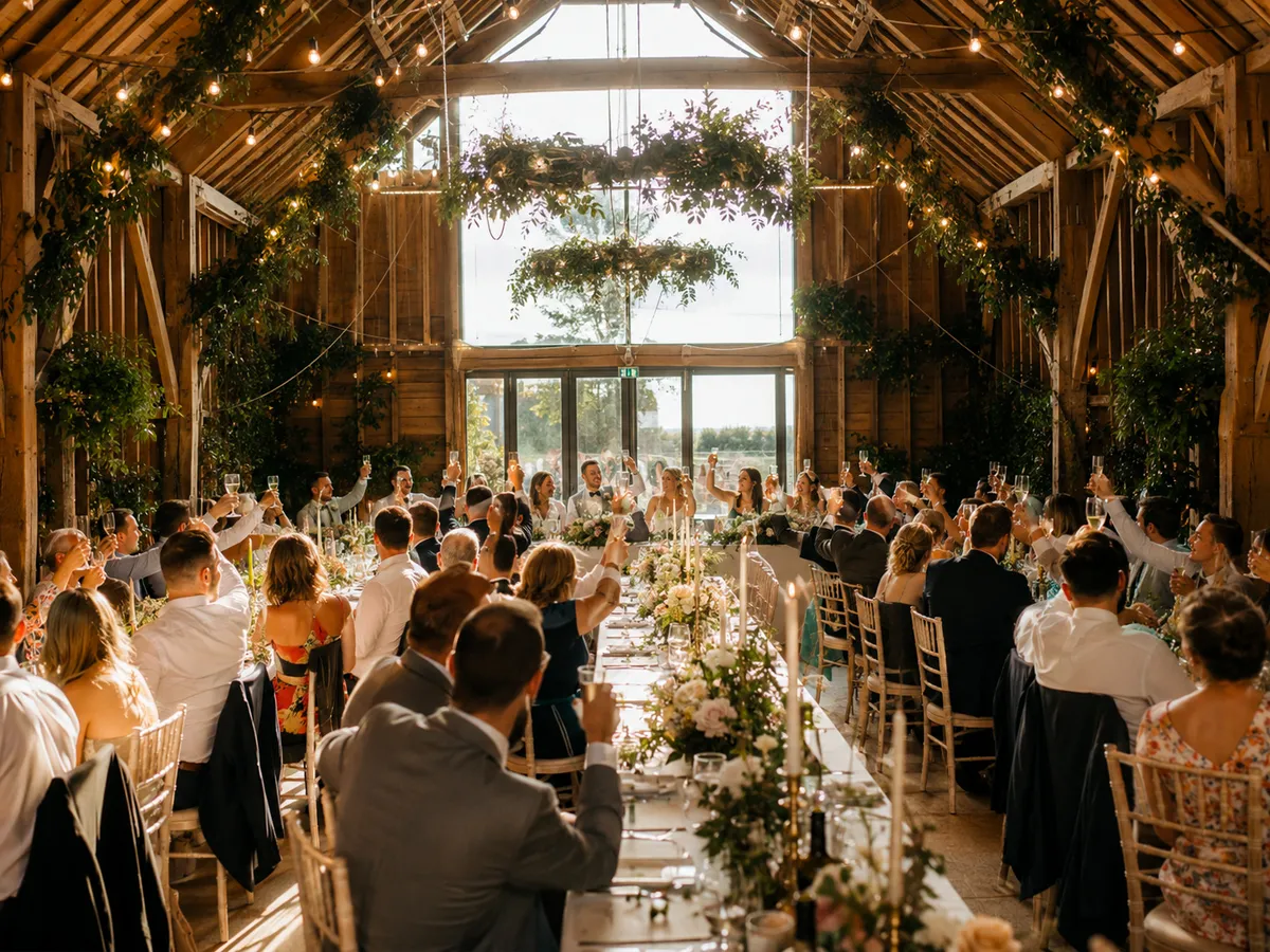 Wedding dining setup inside a rustic clad structure with ambient lighting