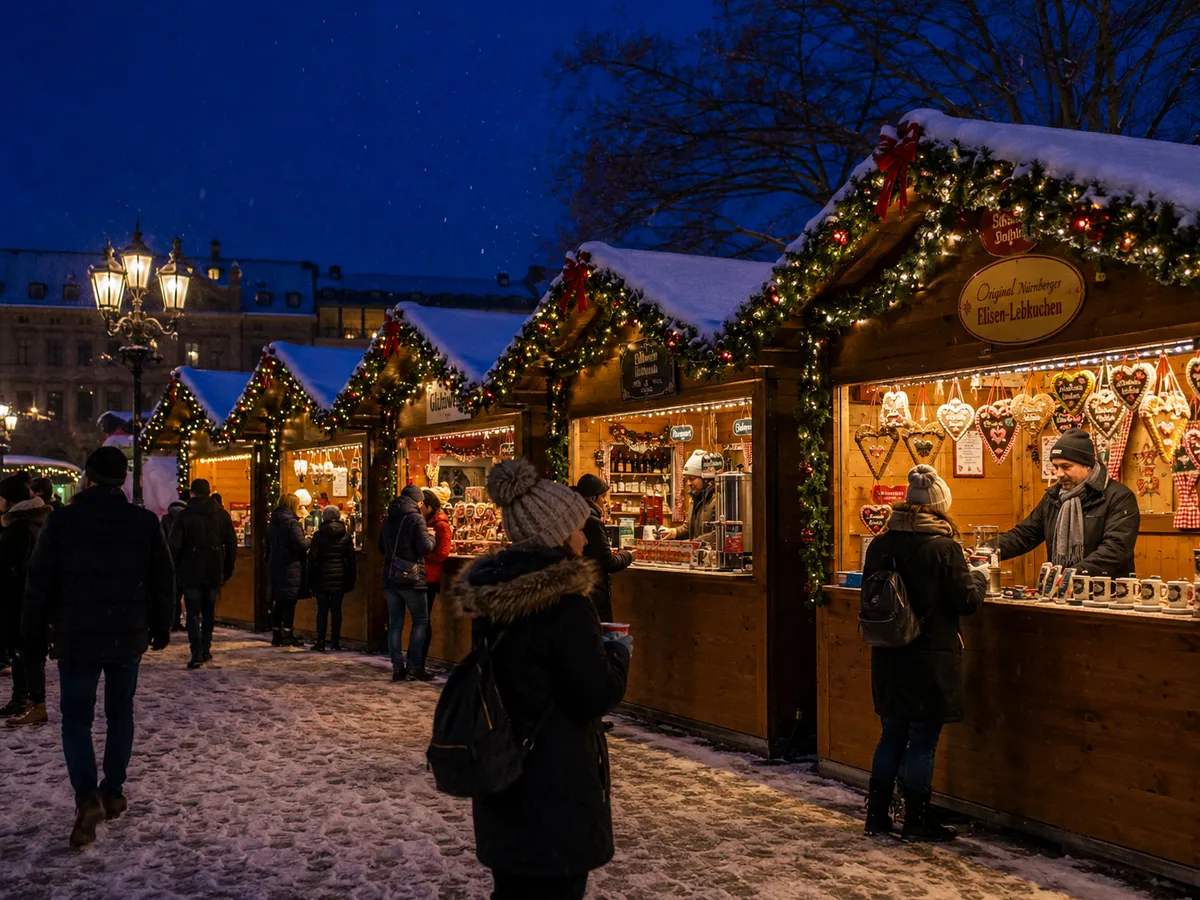 Row of alpine chalet-style structures at a Christmas market