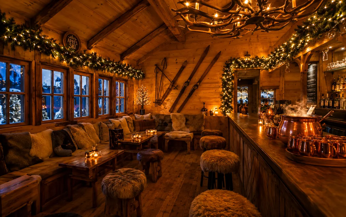 Après-ski bar inside a timber winter lodge structure