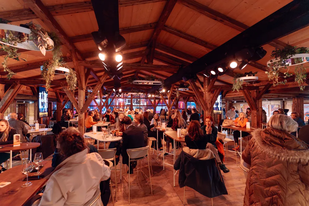 Winterbarn event structure set in an atmospheric outdoor landscape